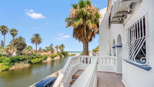 A balcony with a view of a river, palm trees, and a blue car parked on the side.