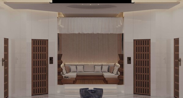 A modern interior with a central seating area, wooden doors, and a ceiling light fixture. - Akra Didim Resort & SPA (Didim)