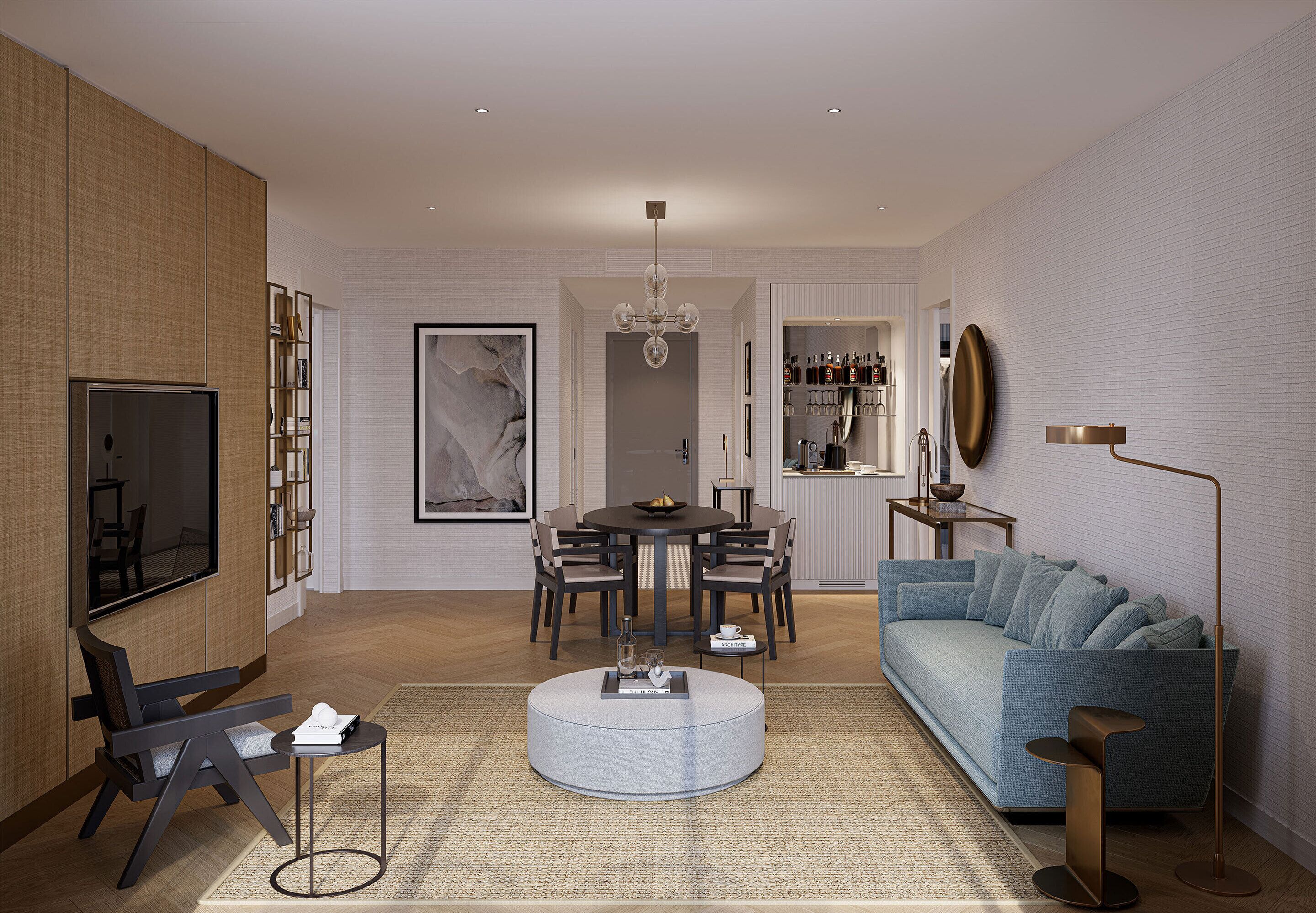 A modern living room with a round coffee table, a sofa, a dining area with chairs, a TV, and a bookshelf.