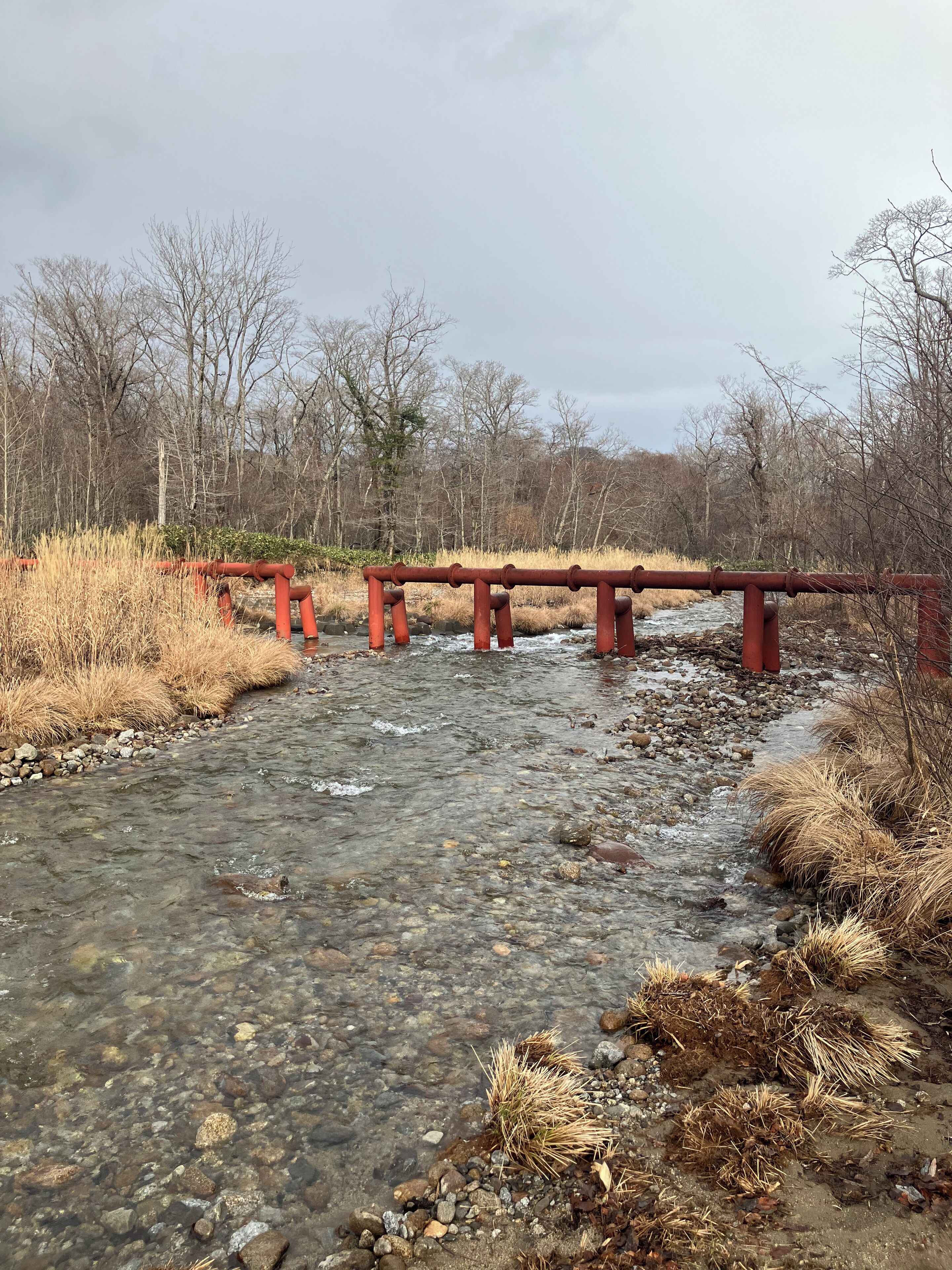 A bridge over a clear stream with rocks and dry grass.