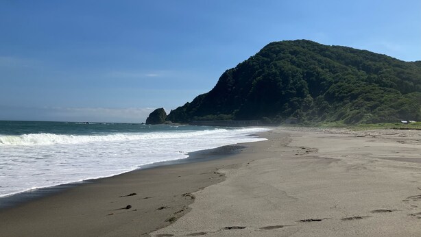 Uma praia com uma montanha grande ao fundo e ondas quebrando na costa.