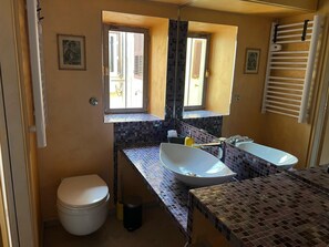 Hair dryer, towels, soap, toilet paper