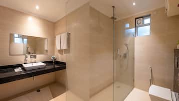 Shower, hydromassage showerhead, designer toiletries, hair dryer