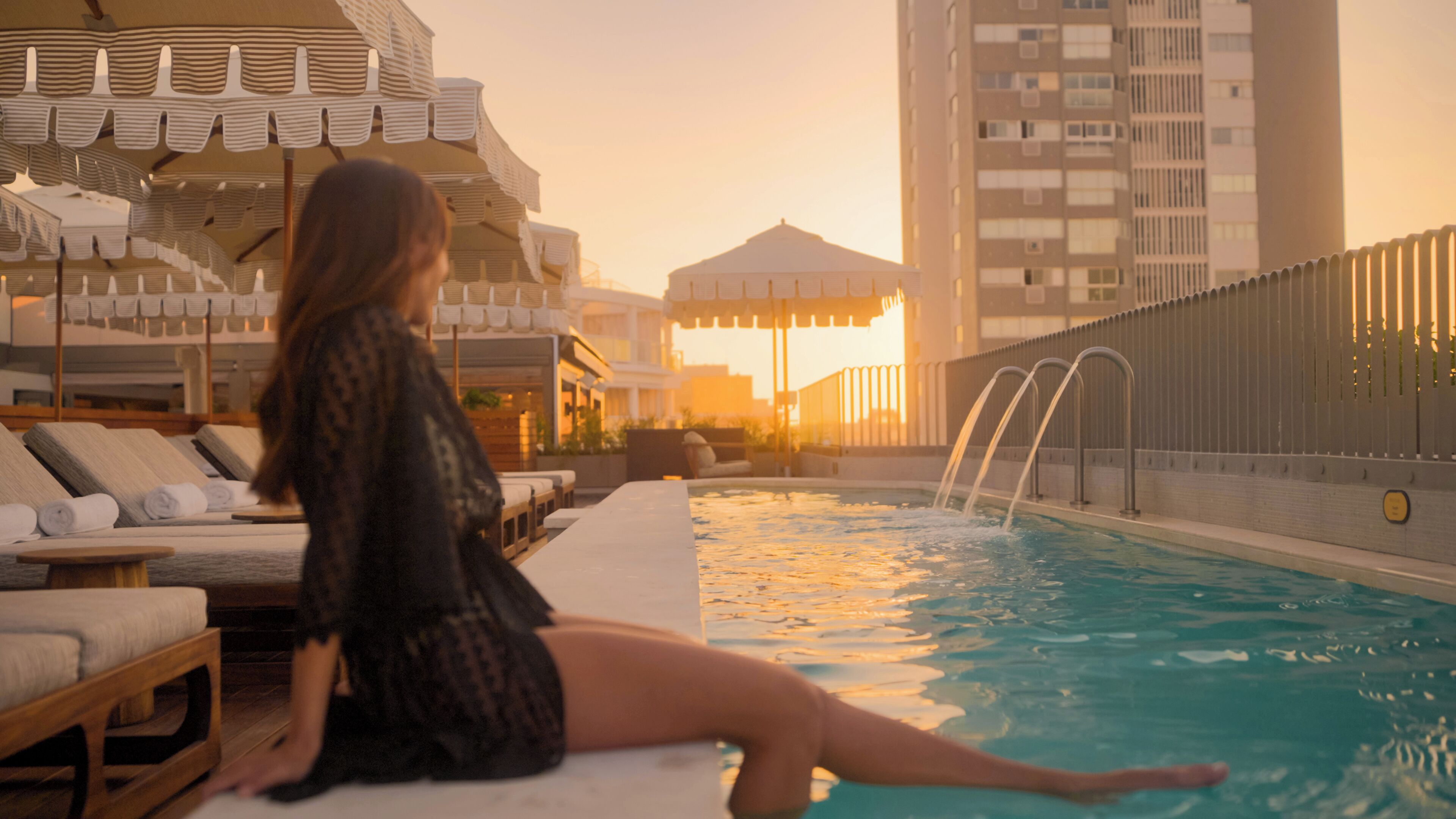 Outdoor pool, pool umbrellas, pool loungers