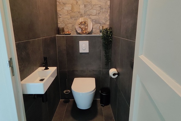 Shower, hair dryer, soap, toilet paper
