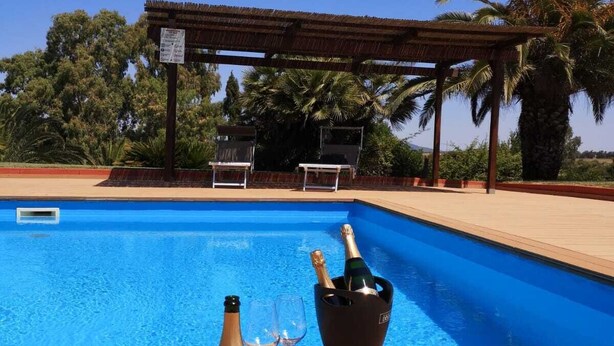 A pool area with a pergola, lounge chairs, and a bottle of champagne. - Tenute Delogu (Sassari)