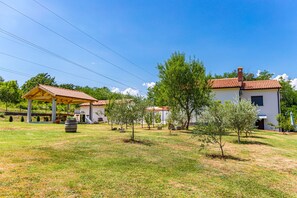 A residential property with a covered patio, a white house with a red-tiled roof, and a grassy lawn with young trees. - Nature Lovers Retreat - Casa Irena with Pool (Boljevici)