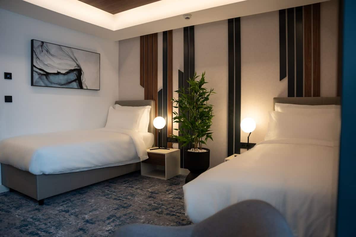 A hotel room with two beds, a bedside table with a lamp, a potted plant, and a wall-mounted abstract painting.