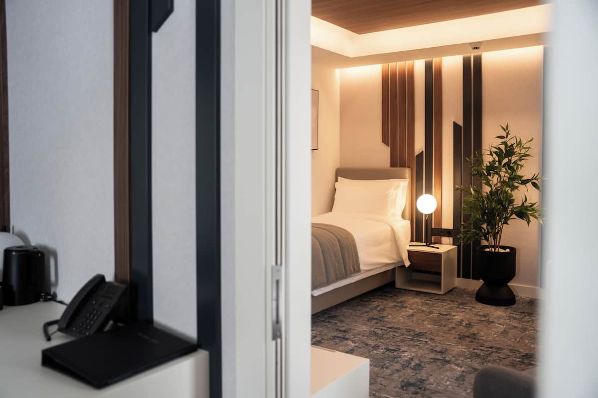 A hotel room with a bed, bedside table, lamp, and a potted plant.