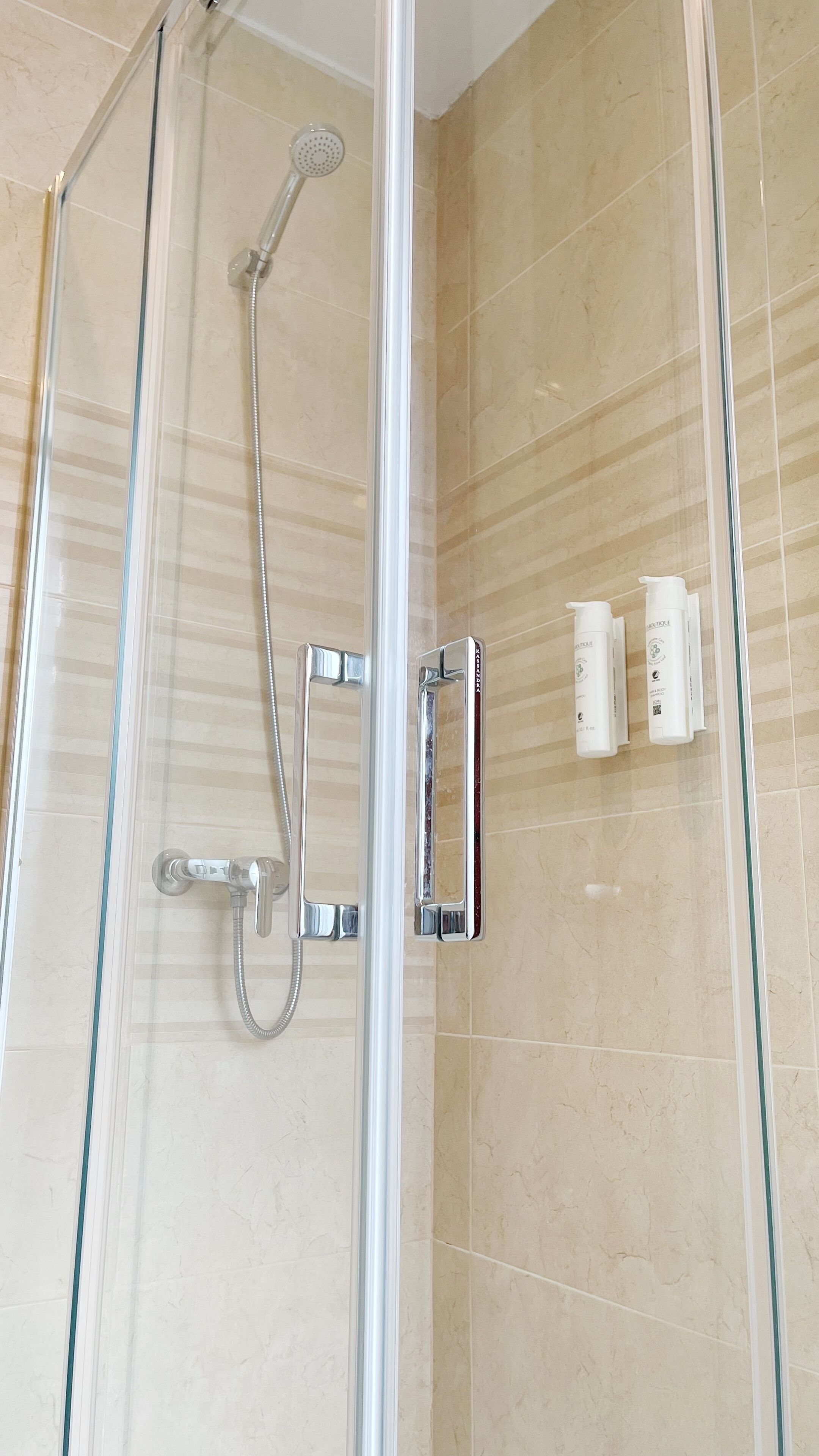 Eine Duschkabine mit Handbrause und Armaturen am Wand.