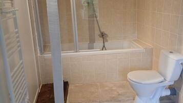 Hair dryer, towels, soap, toilet paper