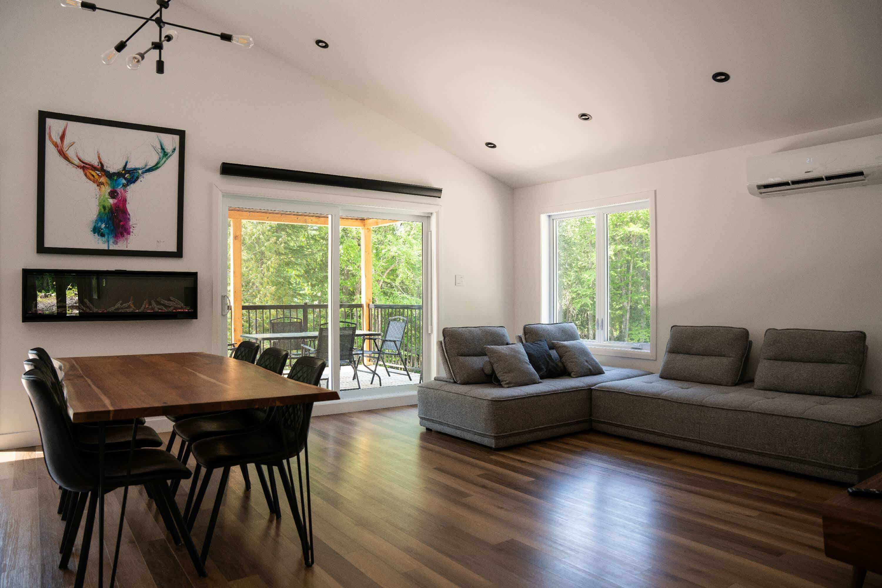 Télévision, cheminée, chaîne hi-fi