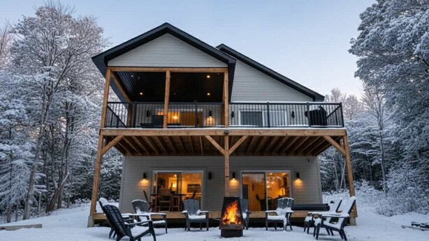 Una cabaña de dos pisos con balcón, una fogata y asientos al aire libre.