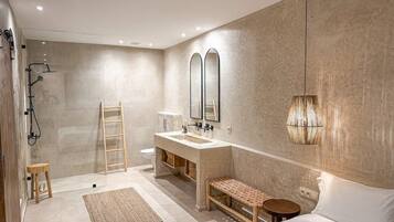 Shower, hair dryer, towels, toilet paper