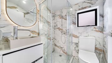 Hair dryer, towels, soap, shampoo