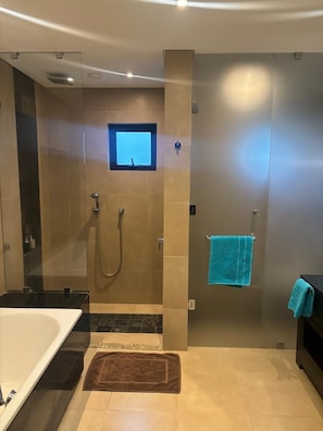 Hair dryer, towels, soap, shampoo