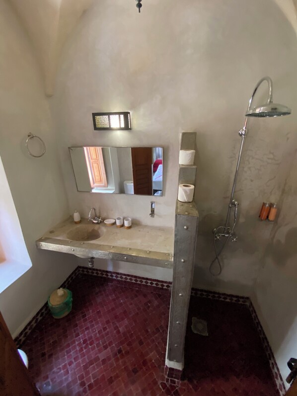 Une salle de bain avec un lavabo, un miroir et une douche.