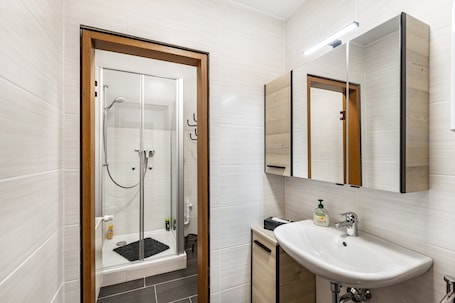 Shower, hair dryer, towels. Apartment 'Weitblick' with Wi-Fi in Central Pottenstein