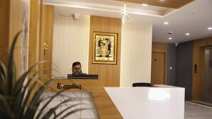 Un comptoir d’accueil avec un tableau encadré au-dessus, une plante au premier plan et un ascenseur à l’arrière-plan.