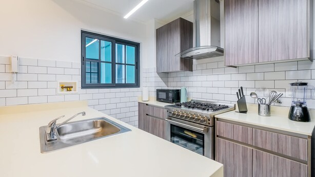 Una cocina moderna con un lavamanos de acero inoxidable, estufa a gas, horno y armarios de madera.