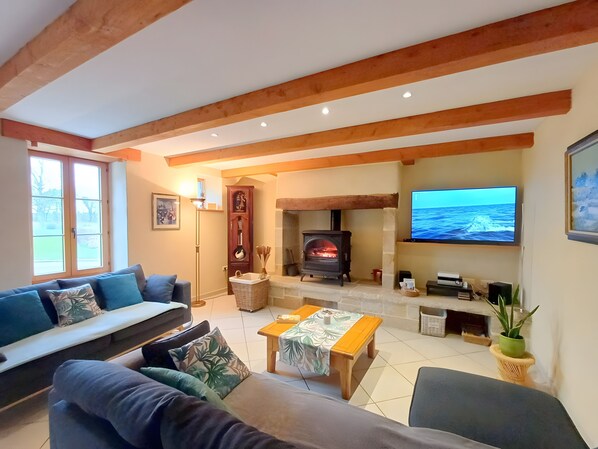 Televisión, chimenea, reproductor de DVD y tenis de mesa 