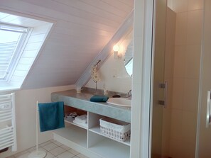 Shower, hair dryer, towels