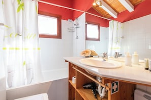Shower, hair dryer, bidet, towels