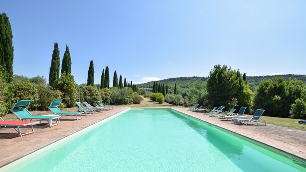 A rectangular swimming pool with clear water, surrounded by lounge chairs and tall trees. - Amazing apartment in San Vito in Monte (San Vito in Monte)
