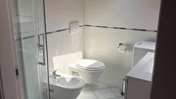 Shower, hair dryer, bidet, towels