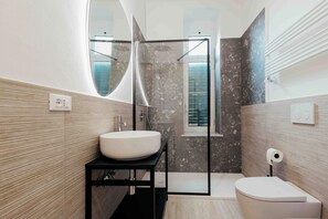 Shower, hair dryer, bidet, towels