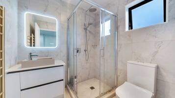 Hair dryer, towels, soap, toilet paper