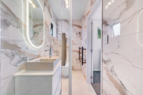 Hair dryer, towels, soap, toilet paper