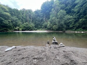 Une rivière bordée d’une forêt dense, une zone de gravier parsemée de rochers et un amas de pierres.