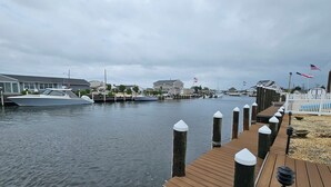 En lystbådehavn med fortøjede både, en træbrygge med bøjer, og huse i baggrunden.