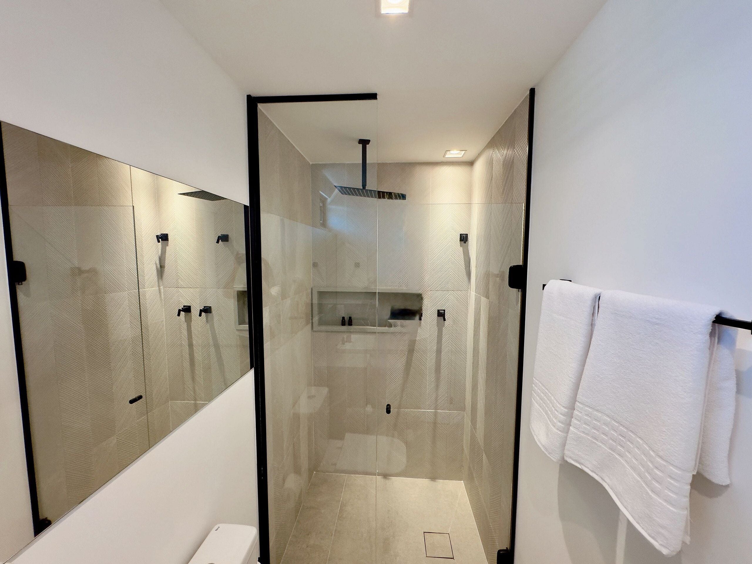 A modern bathroom with a glass-enclosed shower, a toilet, and a towel rack.