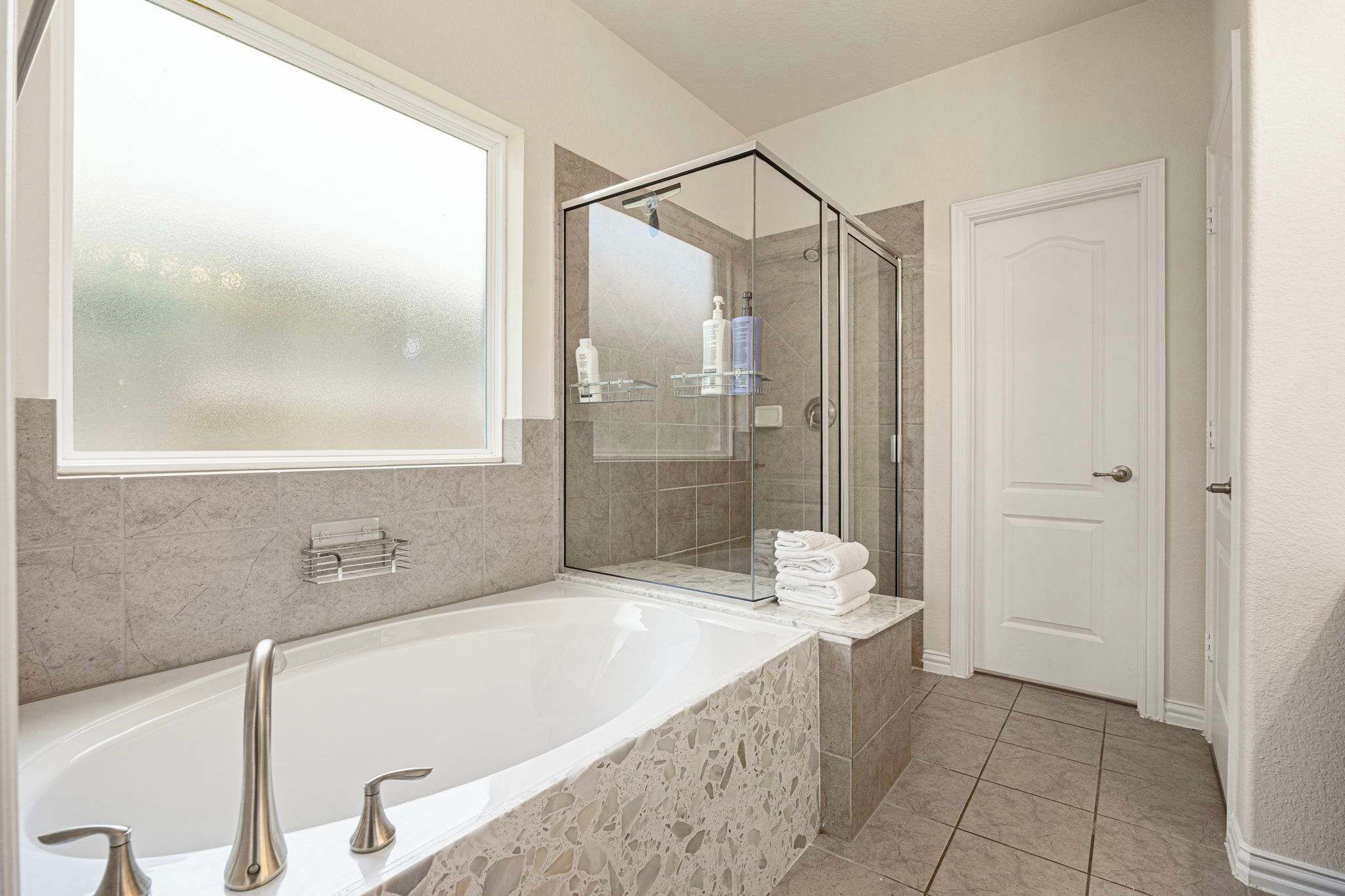 Shower, towels, soap, shampoo