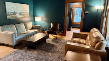 Smart TV, fireplace, books, video library