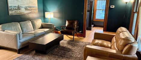 Smart TV, fireplace, books, video library