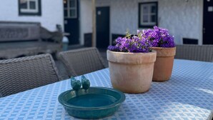 Eine Terrasse mit Tisch, zwei Kübelpflanzen und einer Vogeltränke.