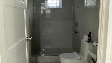 Regadera, toallas, jabón, papel de baño