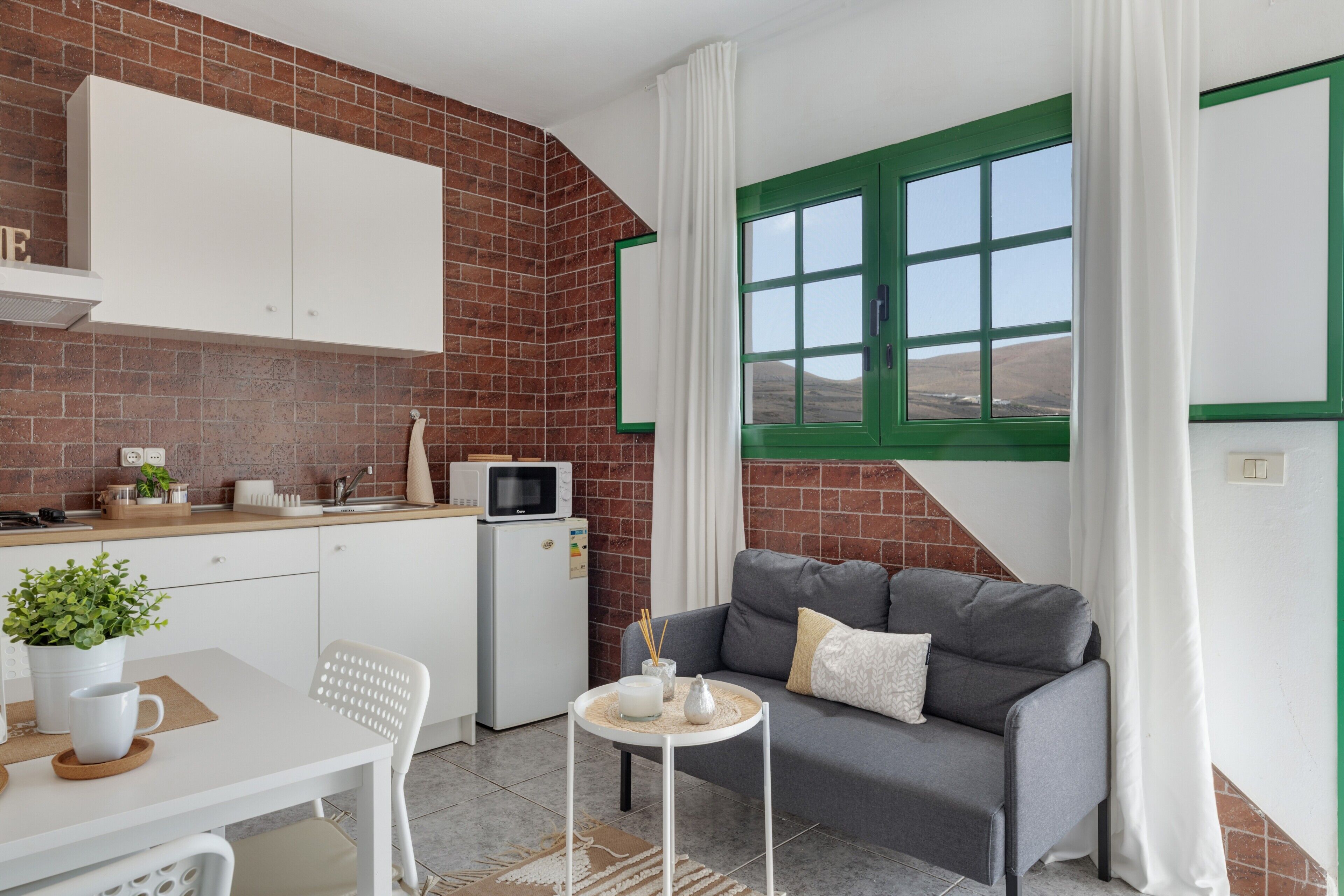Un espacio habitable pequeño con cocina, un sofá gris, una mesita con una planta y un ventanal con detalles verdes.