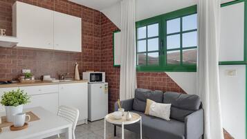 Un espacio habitable pequeño con cocina, un sofá gris, una mesita con una planta y un ventanal con detalles verdes.