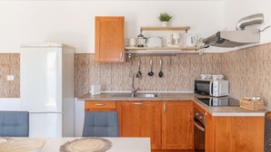 Una cocina compacta con armarios de madera, un microondas empotrado y un lavamanos de acero inoxidable.