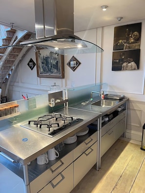 Frigorífico, microondas, horno y placa de cocina