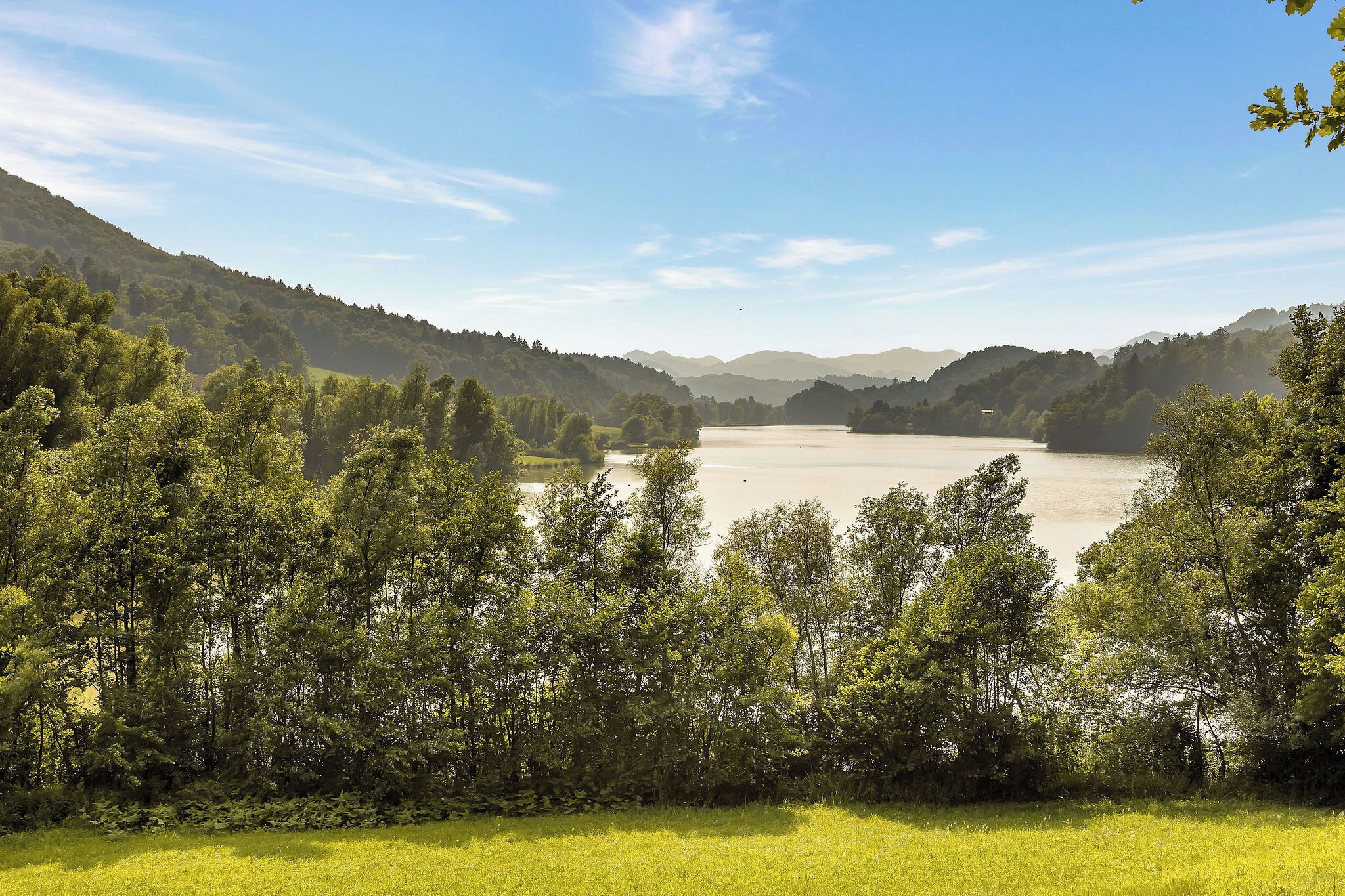 Un paysage paisible, avec un lac entouré de collines verdoyantes et d’une forêt dense.