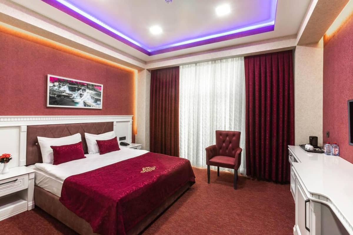 Una habitación de hotel con una cama grande, una silla, un escritorio y un cuadro en la pared.