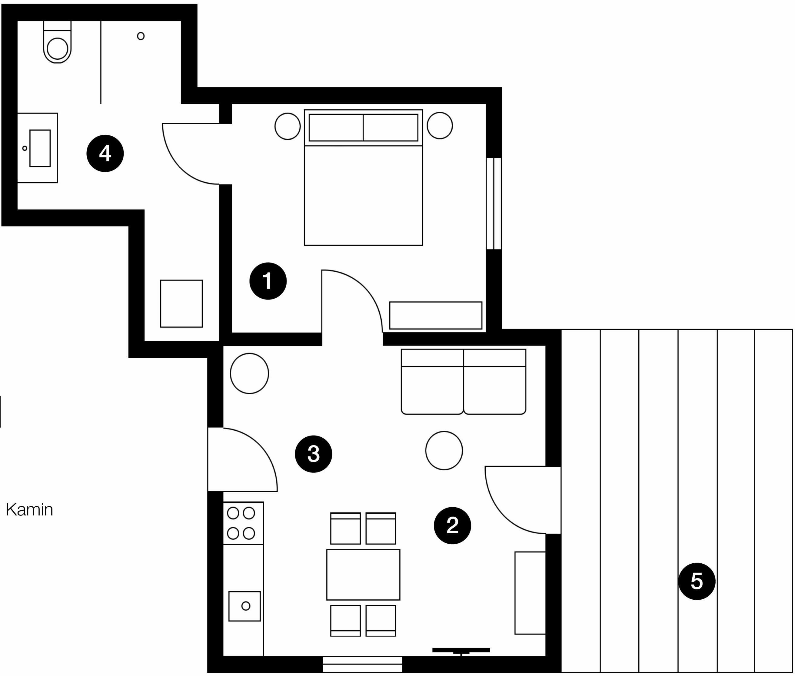 Een plattegrond met vijf nummeroerde kamers, waaronder een keuken, een eetruimte en een woonkamer.
