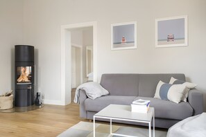 Televisión, chimenea, reproductor de DVD y estéreo