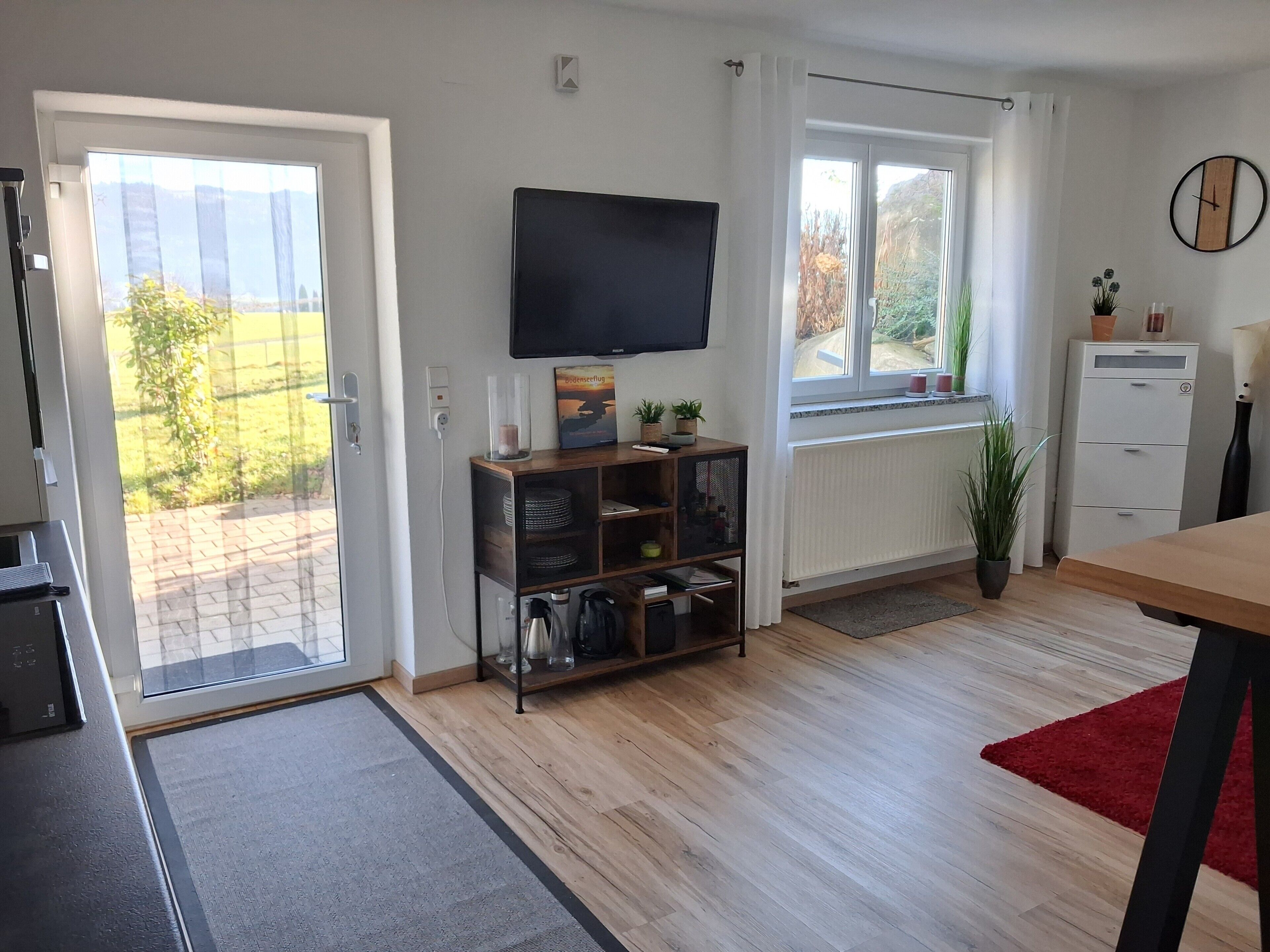 A modern living room with a flat-screen TV, wooden flooring, a sliding glass door leading outside, a small kitchen area, and a red rug.