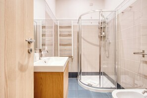 Shower, free toiletries, hair dryer, bidet